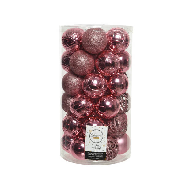 37x stuks kunststof kerstballen 6 cm incl. glanzende glazen piek lippenstift roze - Kerstbal