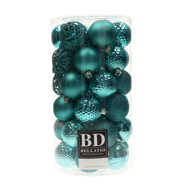 Decoris kerstballen - 74x st - turquoise blauw en ijsblauw - 6 cm - kunststof - Kerstbal