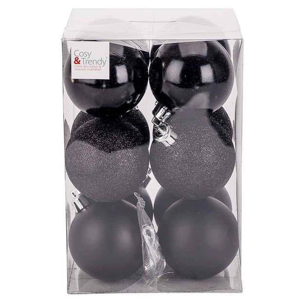 24x stuks kunststof kerstballen 6 cm inclusief glitter piek zwart - Kerstbal