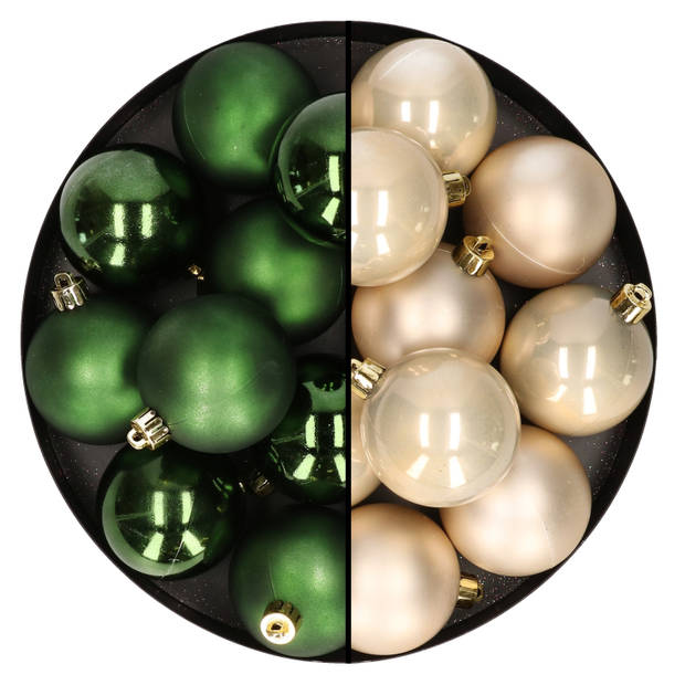 24x stuks kunststof kerstballen mix van champagne en donkergroen 6 cm - Kerstbal