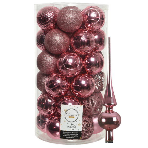 37x stuks kunststof kerstballen 6 cm incl. glanzende glazen piek lippenstift roze - Kerstbal