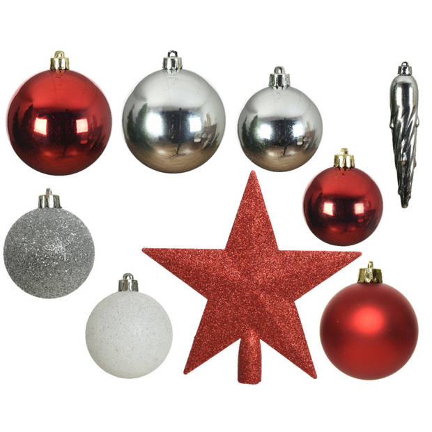33x stuks kunststof kerstballen met piek 5-6-8 cm rood/wit/zilver incl. haakjes - Kerstbal