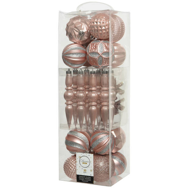 Decoris 30x stuks kunststof kerstballen en ornamenten met slinger lichtroze - Kerstbal