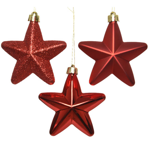 56x stuks kunststof kerstballen en ornamenten met ster piek rood - Kerstbal