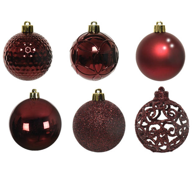 Kerstballen - 74x stuks - wol wit en donkerrood - 6 cm - kunststof - Kerstbal