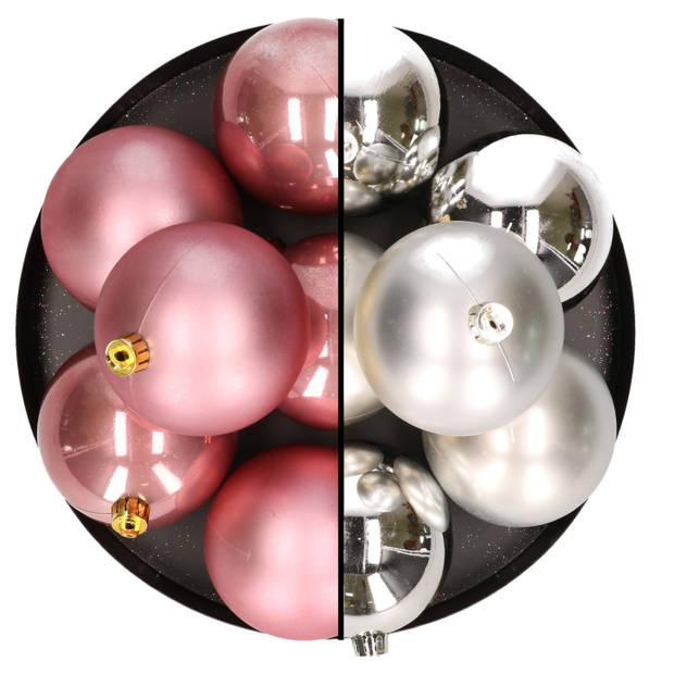 12x stuks kunststof kerstballen 8 cm mix van zilver en oudroze - Kerstbal