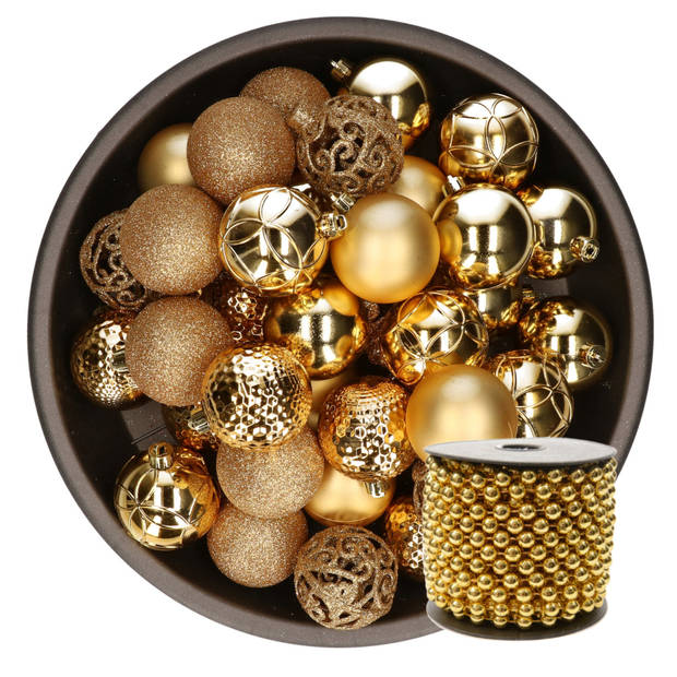 37x stuks kunststof kerstballen 6 cm inclusief kralenslinger goud - Kerstbal