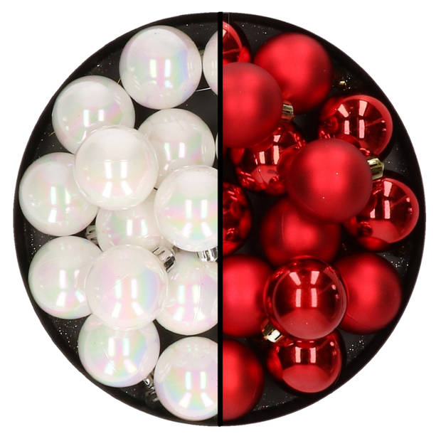 32x stuks kunststof kerstballen mix van parelmoer wit en rood 4 cm - Kerstbal