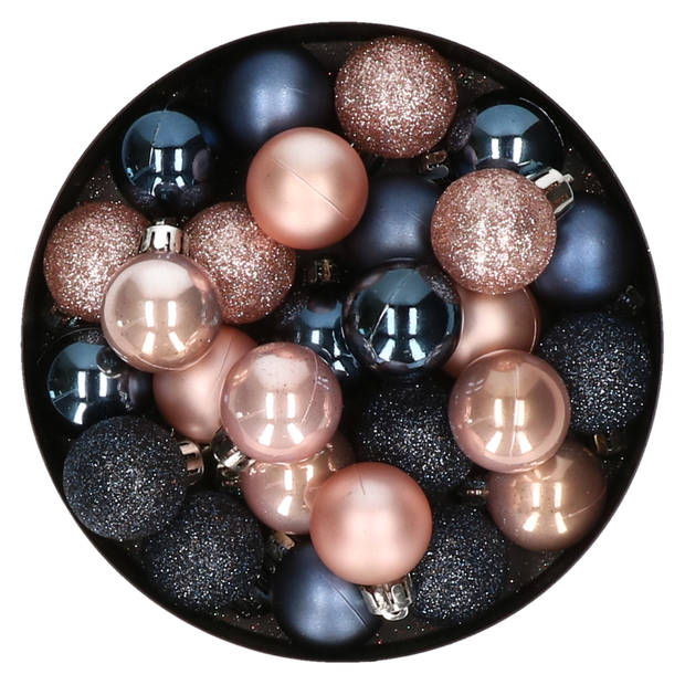 28x stuks kunststof kerstballen lichtroze en donkerblauw mix 3 cm - Kerstbal