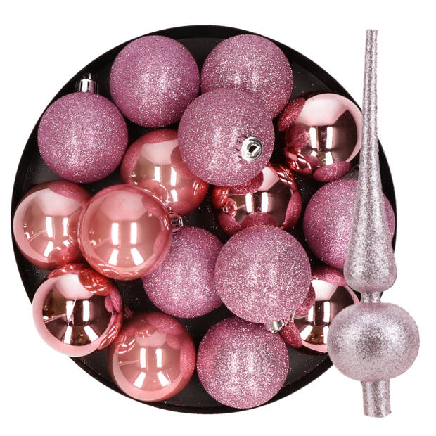 24x stuks kunststof kerstballen 6 cm inclusief glitter piek roze - Kerstbal