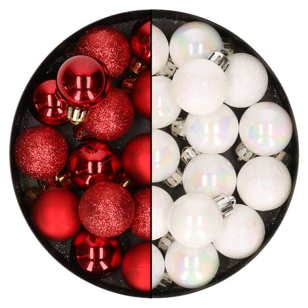 28x stuks kleine kunststof kerstballen rood en parelmoer wit 3 cm - Kerstbal