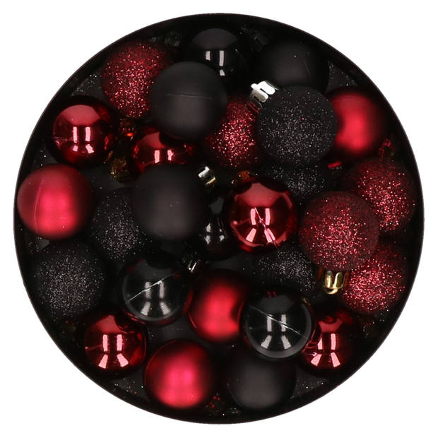 28x stuks kunststof kerstballen donkerrood en zwart mix 3 cm - Kerstbal