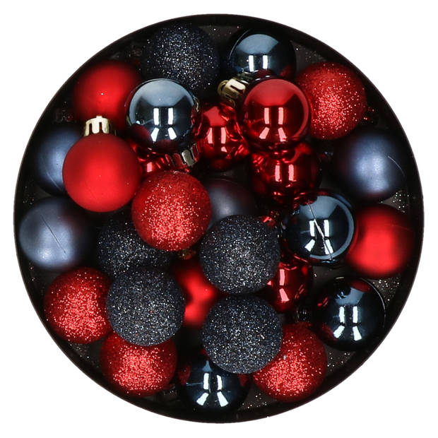 28x stuks kunststof kerstballen rood en donkerblauw mix 3 cm - Kerstbal