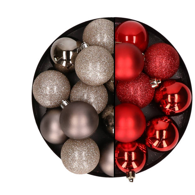 24x stuks kunststof kerstballen mix van champagne en rood 6 cm - Kerstbal