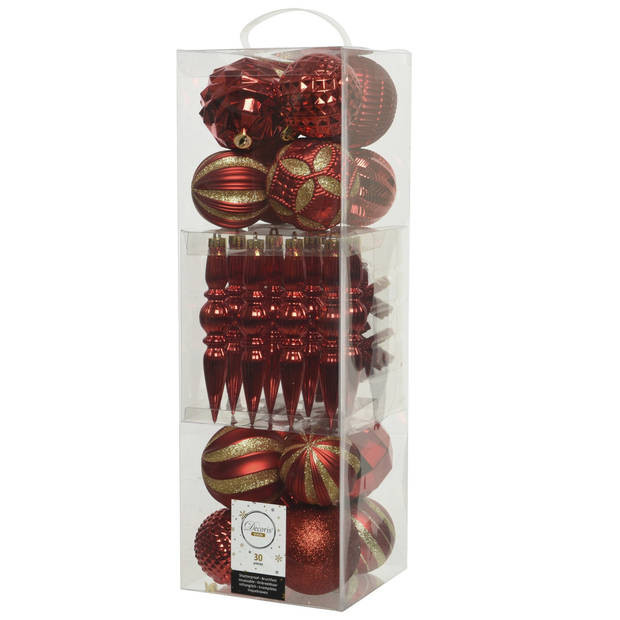 Decoris 30x stuks kunststof kerstballen en ornamenten met slinger rood - Kerstbal