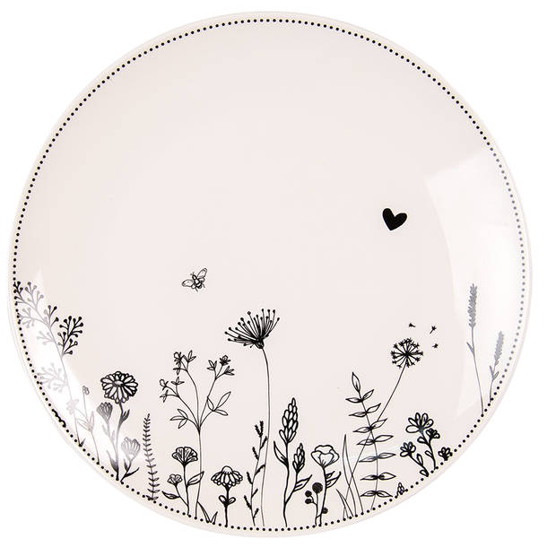 Clayre & Eef Dinerbord Ø 26 cm Beige Zwart Porselein Bloemen Eetbord Beige Eetbord