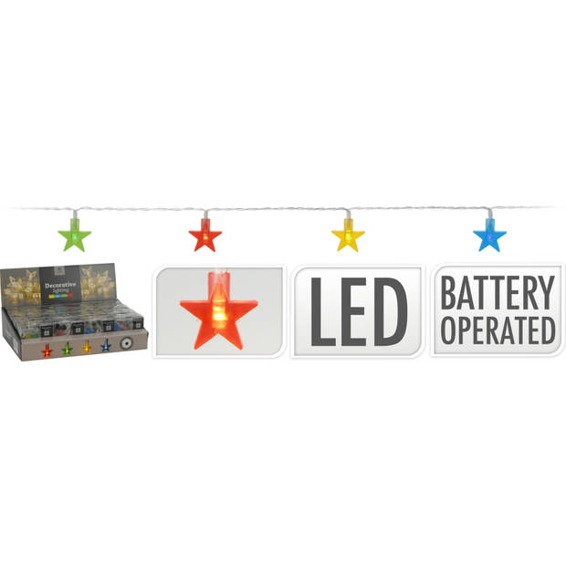 Lichtslinger/lichtsnoer met 10 gekleurde sterretjes verlichting 100 cm op batterijen - Lichtsnoeren