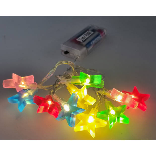 Lichtslinger/lichtsnoer met 10 gekleurde sterretjes verlichting 100 cm op batterijen - Lichtsnoeren