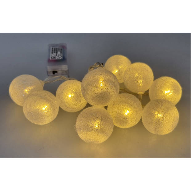 Lichtslinger/lichtsnoer met 10 decoratieve witte balletjes 150 cm op batterijen - Lichtsnoeren