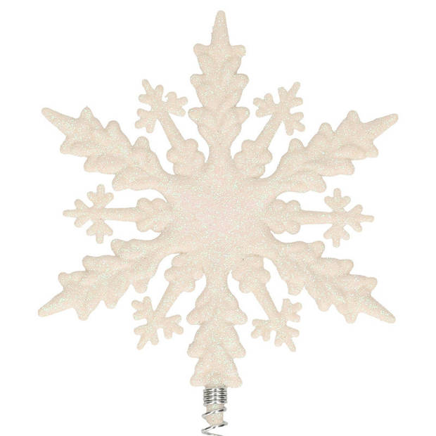 Kunststof kerstboom platte sneeuwvlok piek glitter wit 20 cm - kerstboompieken