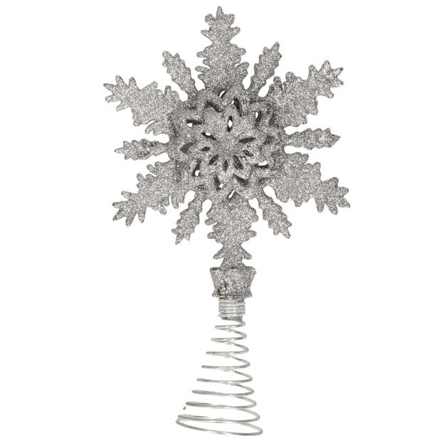 Kunststof kerstboom sneeuwvlok piek glitter zilver 20 cm - kerstboompieken