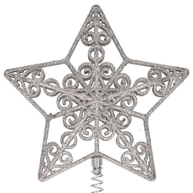Kunststof kerstboom open ster piek glitter zilver 20 cm - kerstboompieken