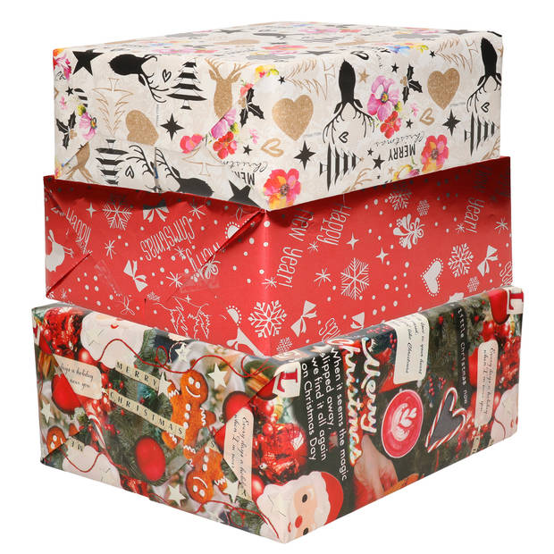 Bellatio Decorations - 6x luxe kerst cadeaupapier rollen in 3-stijlen - Cadeaupapier