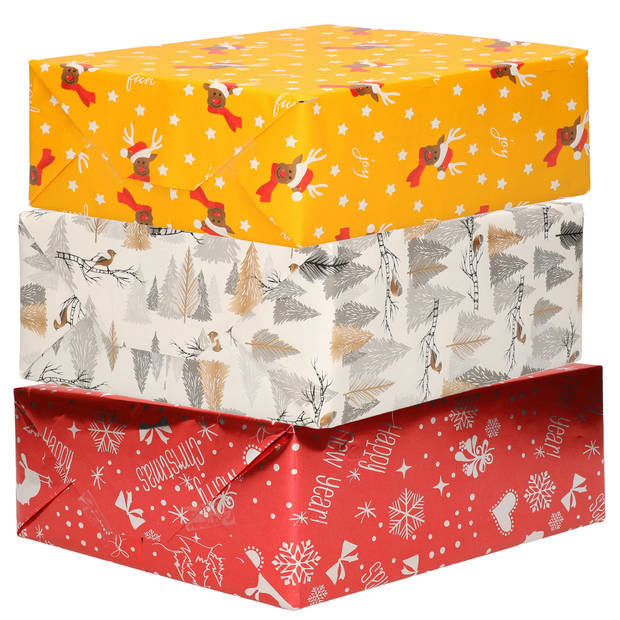 Bellatio Decorations - 9x luxe kerst cadeaupapier rollen in 3-stijlen - Cadeaupapier