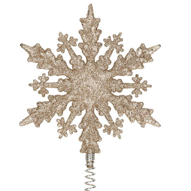 Kunststof kerstboom platte sneeuwvlok piek glitter champagne goud 20 cm - kerstboompieken