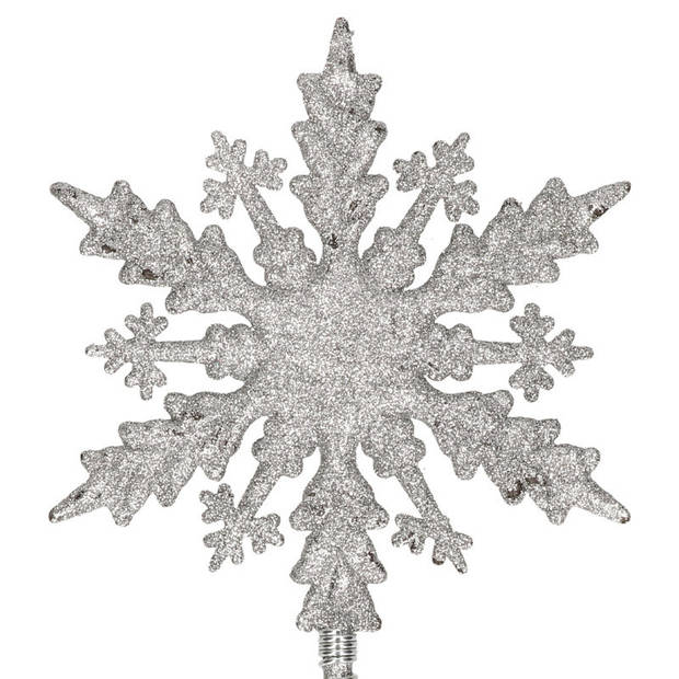 Kunststof kerstboom platte sneeuwvlok piek glitter zilver 20 cm - kerstboompieken