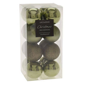 16x stuks kerstballen mix groen tinten kunststof 5 cm - Kerstbal