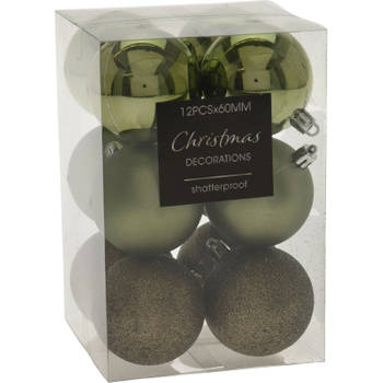 12x stuks kerstballen mix groen tinten kunststof 6 cm - Kerstbal