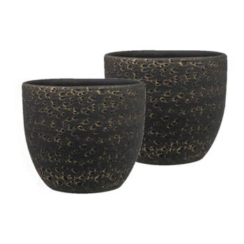 Set van 2x stuks plantenpot/Bloempot in het lava-look zwart Dia 15 cm en Hoogte 13 cm - Plantenpotten