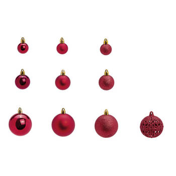 Kerstballen - set 50x st - bordaux rood - 3,4,6 cm - kunststof - Kerstbal