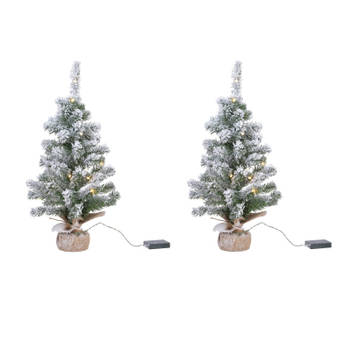 2x stuks kunstboom/kunst kerstboom met sneeuw en licht 75 cm - Kunstkerstboom