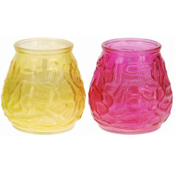Windlicht geurkaars - 2x - geel/roze glas - 48 branduren - citrusgeur - geurkaarsen
