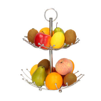 2-laags fruitschaal/fruitmand rond zilver metaal 36 cm - Fruitschalen
