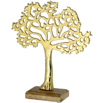Decoratie levensboom van aluminium op houten voet 30 cm goud - Beeldjes