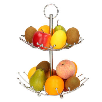 Dubbele etagere fruitschaal/fruitmand rond zilver metaal 36 x 40 cm - Fruitschalen