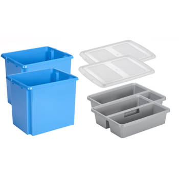 Sunware - Set van 2x opslagbox kunststof 45 liter blauw 45 x 36 x 36 cm met deksel en organiser tray - Opbergbox