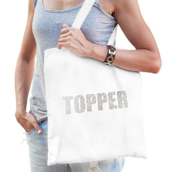 Glitter Topper cadeau katoenen tas wit rhinestones steentjes voor dames en heren - Glitter tassen - Feest Boodschappenta
