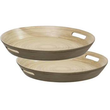 2x stuks dienbladen/serveerbladen rond D42 cm bamboe bruin met handvaten - Dienbladen