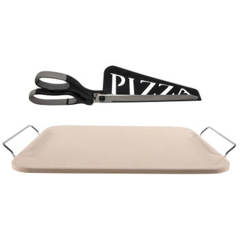 Pizzasteen rechthoekig 30 x 38 cm met handvaten en zwarte pizzaschaar - Pizzaplaten
