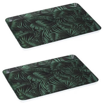 2x stuks dienbladen/serveerbladen rechthoekig Jungle 30 x 22 cm donker groen - Dienbladen