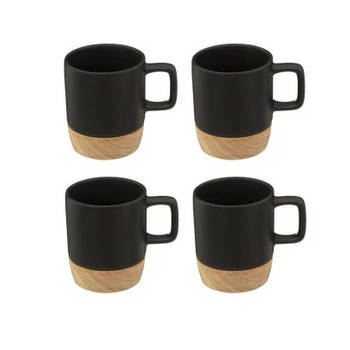Set van 4x koffiekopjes/espressokopjes aardewerk zwart 120 ml bamboe onderzetter - Koffie- en theeglazen
