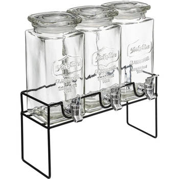 Set van 3x stuks glazen drank dispensers 1,5 liter in houder met metalen kraantje - Drankdispensers