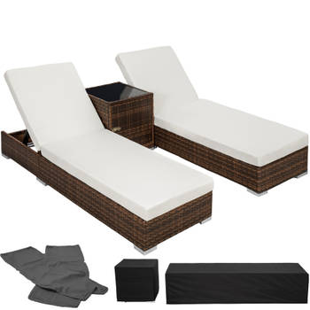 tectake 2 luxe ligbedden met bijzettafel ligstoel - inclusief beschermhoes - zwart/bruin