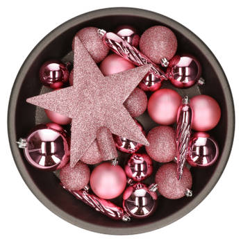 Set van 33x stuks kunststof kerstballen met ster piek lippenstift roze mix - Kerstbal