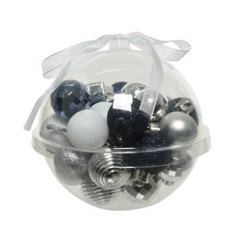 30x stuks kleine kunststof kerstballen donkerblauw/wit/zilver 3 cm - Kerstbal