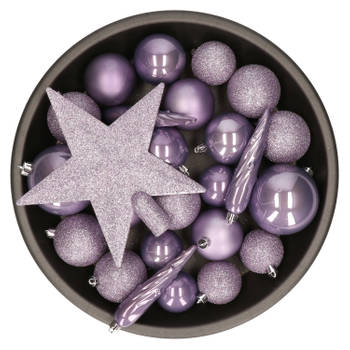 Set van 33x stuks kunststof kerstballen met ster piek heide lila paars mix - Kerstbal